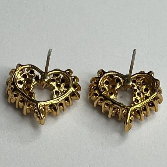 Vintage Gold Heart-Shaped Rhinestone Earrings Stud Jewelry - Picture 5 of 6